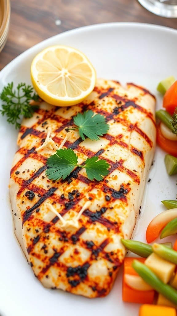 Grilled Tilapia Loins Recipe Grilled tilapia loin on a plate with parsley and lemon, served with vegetables and salad.